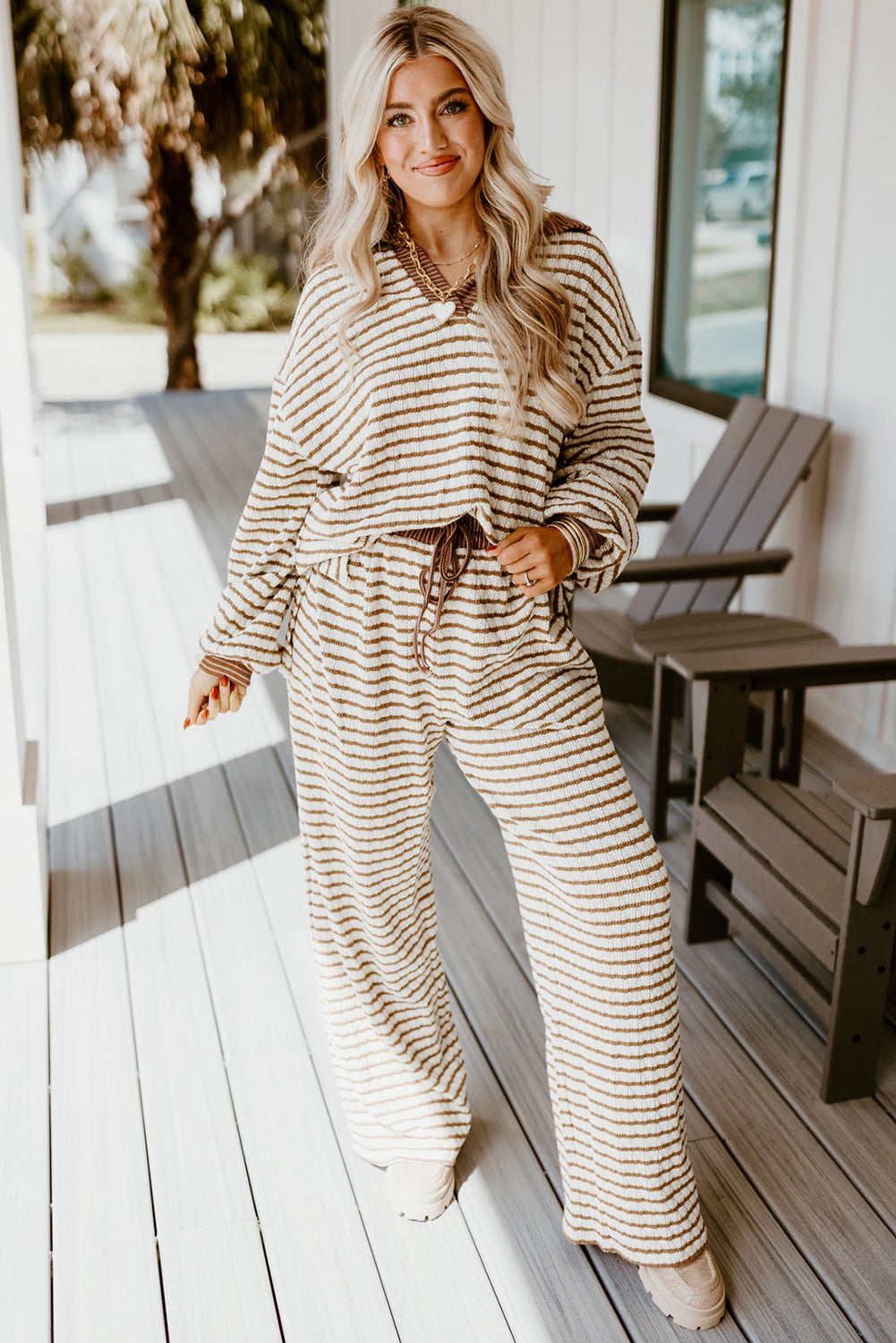 Khaki Stripe Collar Lounge Set