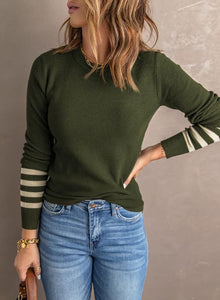 Olive Varsity Detail Sweater